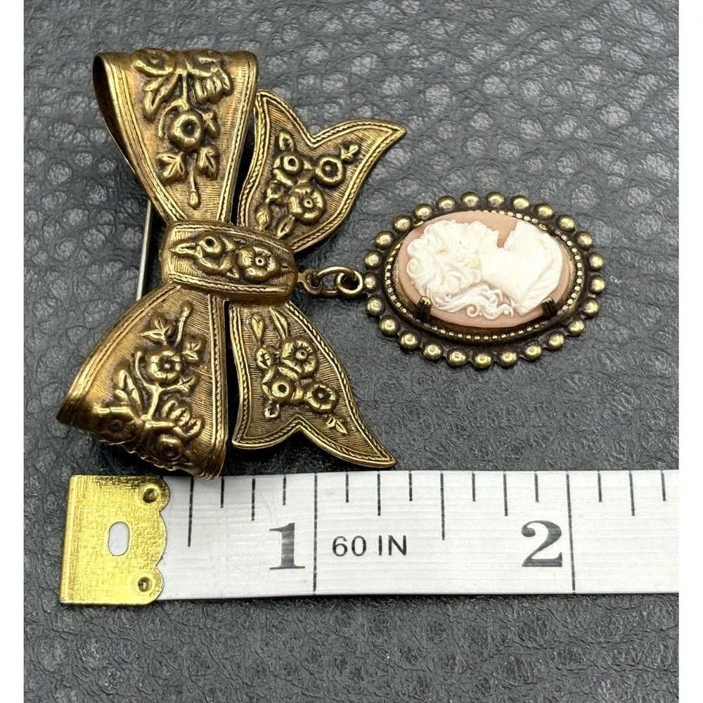 Vintage Ornate Floral Bow Brooch Cameo Dangle Drop Antiqued Gold Tone Pin